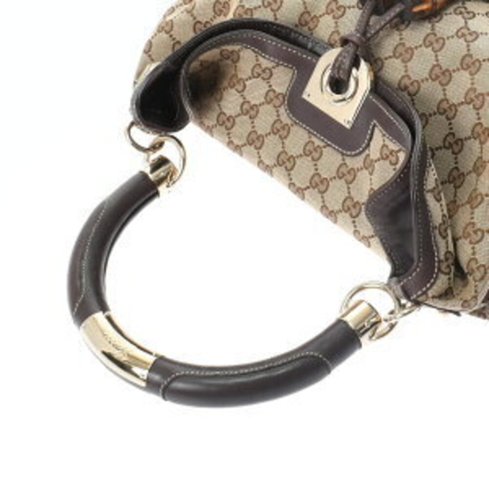 Gucci Bamboo Handbag Beige Ebony Brown Leather GG Canvas Bag - Picture 3 of 9